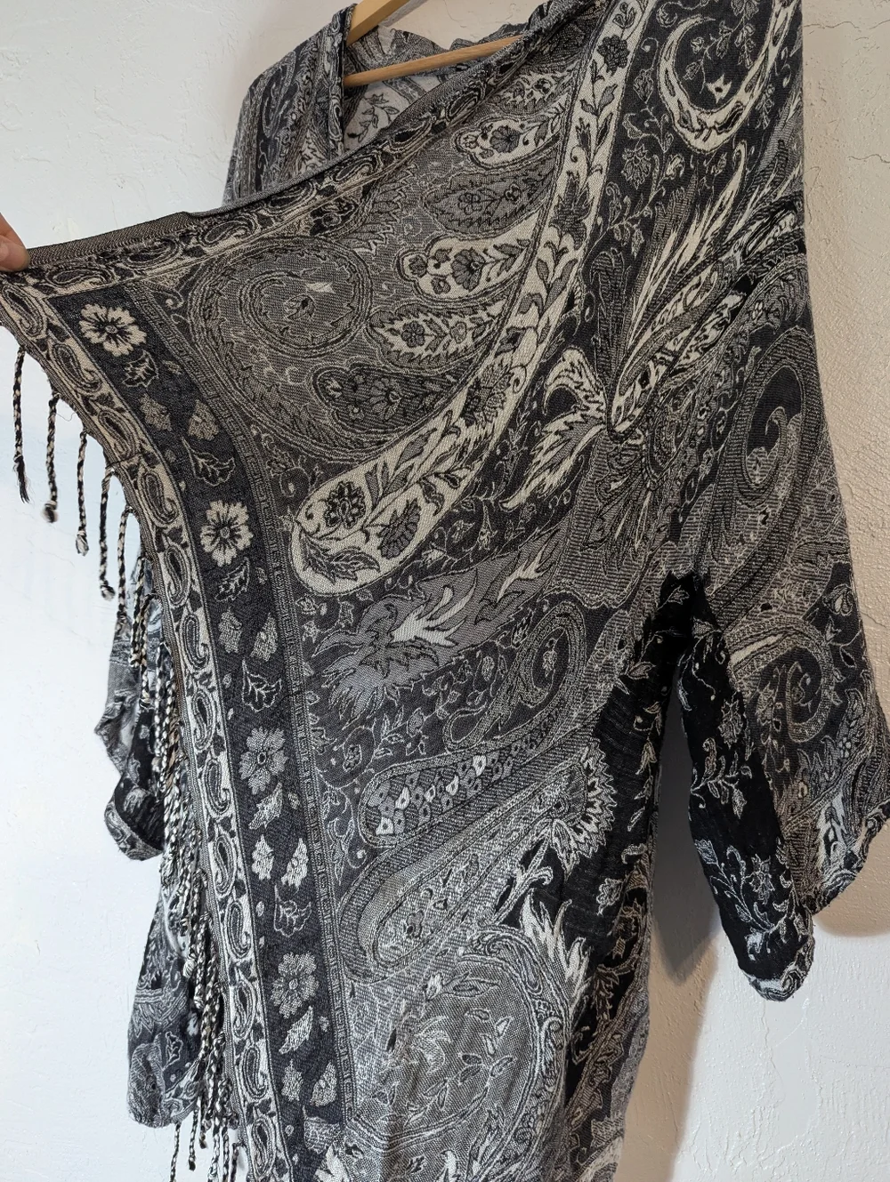 Black&White Whimsigoth Tapestry Fringe Poncho Shawl Festival Boho Stevie Nicks